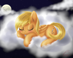 Size: 1300x1041 | Tagged: safe, artist:jonnysalami, oc, oc only, oc:cobalt, pegasus, pony, cloud, female, mare, moon, sleeping, solo