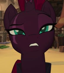 Size: 701x803 | Tagged: safe, screencap, tempest shadow, pony, unicorn, g4, my little pony: the movie, broken horn, cropped, eye scar, female, horn, klugetown, lidded eyes, mare, raised eyebrow, scar, solo