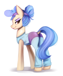Size: 1743x2097 | Tagged: safe, artist:reiishn, sapphire shores, earth pony, pony, g4, butt, clothes, dock, female, looking at you, looking back, looking back at you, mare, plot, simple background, smiling, solo, white background