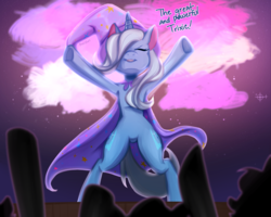 Size: 1987x1590 | Tagged: safe, artist:reiishn, trixie, pony, unicorn, g4, armpits, bipedal, cape, cheering, clothes, crowd, dialogue, eyes closed, female, hair over one eye, hat, mare, solo, stage, trixie's cape, trixie's hat