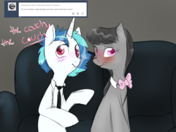 Size: 1280x960 | Tagged: safe, artist:rflzqt, dj pon-3, octavia melody, vinyl scratch, earth pony, pony, unicorn, g4, ask, blushing, bowtie, couch, dialogue, female, lesbian, looking at you, mare, necktie, ship:scratchtavia, shipping, sitting, tumblr, vinyl and octavia in romance