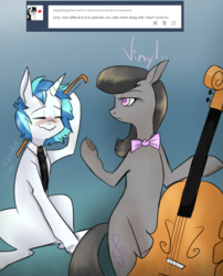 Size: 1050x1300 | Tagged: safe, artist:rflzqt, dj pon-3, octavia melody, vinyl scratch, earth pony, pony, unicorn, g4, ask, bipedal, blushing, bow (instrument), bowtie, cello, cello bow, dialogue, eyes closed, female, gradient background, lesbian, mare, musical instrument, necktie, scratching, ship:scratchtavia, shipping, sitting, smiling, tumblr, vinyl and octavia in romance