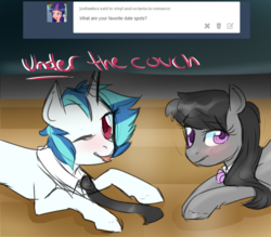 Size: 1200x1050 | Tagged: safe, artist:rflzqt, dj pon-3, octavia melody, vinyl scratch, earth pony, pony, unicorn, g4, ask, blushing, bowtie, couch, dialogue, female, lesbian, looking at you, mare, necktie, one eye closed, ship:scratchtavia, shipping, tongue out, tumblr, vinyl and octavia in romance, wink