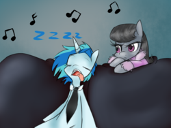 Size: 1024x768 | Tagged: safe, artist:rflzqt, dj pon-3, octavia melody, vinyl scratch, earth pony, pony, unicorn, g4, ask, clothes, couch, eyes closed, female, lesbian, mare, music notes, necktie, open mouth, ship:scratchtavia, shipping, sleeping, tongue out, tumblr, vinyl and octavia in romance, zzz