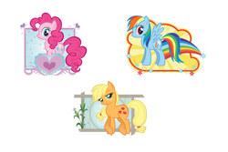 Size: 1000x667 | Tagged: safe, artist:lauren faust, applejack, pinkie pie, rainbow dash, earth pony, pegasus, pony, g4, official, badge, bedroom eyes, concept art, female, hasbro, heart, mare, missing accessory, plants, reference sheet, simple background, stock image, stock vector, white background