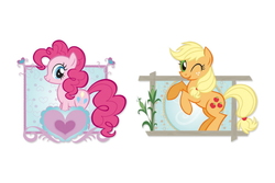 Size: 700x467 | Tagged: safe, applejack, pinkie pie, g4, official, badge, concept art, hasbro, missing accessory, simple background, stock image, white background