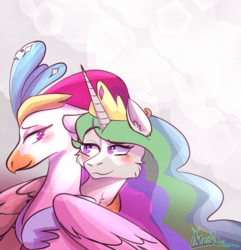Size: 1772x1840 | Tagged: safe, artist:knesie, princess celestia, queen novo, alicorn, classical hippogriff, hippogriff, pony, g4, my little pony: the movie, blushing, cheek fluff, female, jewelry, lesbian, looking at each other, mare, novolestia, raised eyebrow, regalia, royalty, shipping, smiling