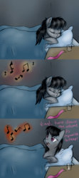 Size: 1280x2880 | Tagged: safe, artist:rflzqt, octavia melody, earth pony, pony, g4, bed, dialogue, eyes closed, female, implied vinyl scratch, mare, music notes, pillow, sleeping, solo, vinyl and octavia in romance