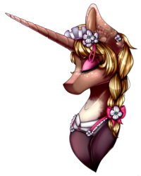Size: 923x1156 | Tagged: safe, artist:symphstudio, oc, oc only, pony, unicorn, bust, clothes, eyes closed, female, horn, long horn, mare, portrait, simple background, solo, transparent background