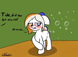 Size: 567x417 | Tagged: safe, artist:seafooddinner, derpibooru exclusive, oc, oc only, oc:tide pod, earth pony, original species, pony, blushing, bubble, chest fluff, cute, dialogue, embarrassed, english, fart, fart bubble, fart joke, farting bubbles, female, floppy ears, heterochromia, mare, meme, offscreen character, ponified, signature, solo, standing, tide, tide pods, tide pony