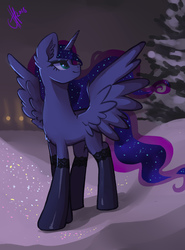 Size: 1700x2300 | Tagged: safe, artist:xjenn9, princess luna, alicorn, pony, g4, boots, female, looking back, mare, pine tree, shoes, smiling, snow, snow boots, solo, tree