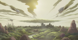 Size: 1581x807 | Tagged: safe, screencap, g4, my little pony: the movie, airship, background, canterlot, equestria, invasion, no pony, ponyville, scenery, smoke, storm king's ship