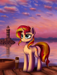 Size: 2000x2600 | Tagged: safe, artist:adagiostring, sunset shimmer, pony, unicorn, g4, boat, chest fluff, cloud, cloudy, female, high res, lighthouse, mare, pier, scenery, smiling, solo, sunset, water