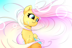 Size: 2400x1600 | Tagged: safe, artist:madacon, fluttershy, pegasus, pony, g4, colored wings, colored wingtips, cute, female, long mane, mare, shyabetes, solo