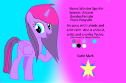 Size: 913x601 | Tagged: safe, artist:wonderschwifty, oc, oc only, oc:wonder sparkle, cutie mark, eyestrain warning, needs more saturation, reference sheet