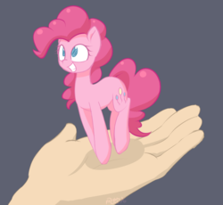 Size: 923x851 | Tagged: safe, artist:puetsua, pinkie pie, earth pony, human, pony, g4, cute, diapinkes, female, hand, happy, in goliath's palm, it's dangerous to go alone, mare, simple background, smiling, solo, take this