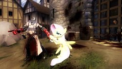 Size: 1191x671 | Tagged: safe, fluttershy, human, humanoid, pegasus, pony, robot, g4, 3d, blood, crossover, gmod, medic, medic (tf2), medieval, team fortress 2