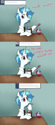 Size: 1280x2880 | Tagged: safe, artist:rflzqt, dj pon-3, vinyl scratch, pony, unicorn, g4, ask, dialogue, female, looking at you, mare, necktie, solo, spoon, table, tumblr, vinyl and octavia in romance
