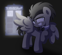 Size: 3436x3088 | Tagged: safe, artist:bubbly-storm, doctor whooves, time turner, pegasus, pony, ask discorded whooves, g4, bowtie, discord whooves, discorded, doctor who, evil grin, grin, high res, male, race swap, smiling, solo, stallion, tardis, the doctor