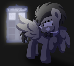 Size: 3436x3088 | Tagged: safe, artist:bubbly-storm, doctor whooves, time turner, pegasus, pony, ask discorded whooves, g4, bowtie, discord whooves, discorded, doctor who, evil smile, grin, high res, male, race swap, smiling, solo, stallion, tardis, the doctor