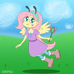 Size: 1000x1000 | Tagged: safe, artist:empyu, fluttershy, human, g4, boots, clothes, crossover, cute, dress, female, flying, fusion, grass, humanized, pony coloring, shoes, smiling, solo, star vs the forces of evil, wand, winged humanization, wings