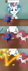 Size: 1280x3248 | Tagged: safe, artist:rflzqt, dj pon-3, princess celestia, princess luna, vinyl scratch, pony, unicorn, g4, ask, bananalestia, dialogue, doll, female, glowing horn, horn, magic, mare, necktie, smiling, telekinesis, toy, tumblr, vinyl and octavia in romance