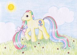 Size: 1024x723 | Tagged: safe, artist:normaleeinsane, pretty vision (g1), pony, g1, bow, cloud, female, flower, grass, solo, sun, traditional art