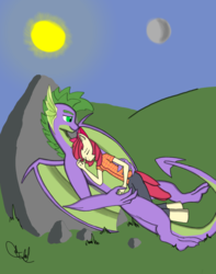 Size: 1024x1299 | Tagged: safe, artist:piolloverdades, apple bloom, spike, dragon, anthro, unguligrade anthro, g4, clothes, fanfic, female, hug, male, moon, night, older, older apple bloom, older spike, resting, rock, ship:spikebloom, shipping, size difference, straight, sun, winged spike, wings