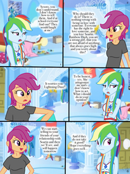 Size: 768x1024 | Tagged: safe, artist:ilaria122, rainbow dash, scootaloo, comic:a mysterious rival, equestria girls, g4, clothes, comic, female, geode of super speed, implied shipping, implied soarin', implied soarindash, implied straight, magical geodes