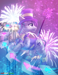 Size: 1300x1663 | Tagged: safe, artist:redchetgreen, oc, oc only, hybrid, pony, zebra, zony, card, commission, female, fireworks, hat, magician, magician outfit, mare, smiling, solo, top hat, wand, ych result, zebra oc