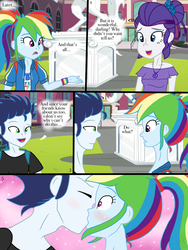 Size: 768x1024 | Tagged: safe, artist:ilaria122, rainbow dash, rarity, soarin', comic:a mysterious rival, equestria girls, g4, blushing, equestria girls-ified, female, geode of shielding, geode of super speed, kissing, magical geodes, male, mirror, ship:soarindash, shipping, straight