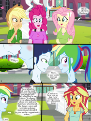 Size: 768x1024 | Tagged: safe, artist:ilaria122, applejack, fluttershy, pinkie pie, rainbow dash, soarin', sunset shimmer, comic:a mysterious rival, equestria girls, g4, blushing, clothes, equestria girls-ified, female, geode of empathy, geode of fauna, geode of sugar bombs, geode of super speed, geode of super strength, magical geodes, male, ship:soarindash, shipping, straight