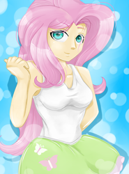 Size: 3700x5000 | Tagged: safe, artist:mlpdarksparx, fluttershy, equestria girls, g4, boob socks, breasts, clothes, cute, female, looking at you, shyabetes, skirt, smiling, solo, tank top