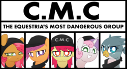 Size: 2609x1424 | Tagged: safe, artist:php69, apple bloom, babs seed, gabby, scootaloo, sweetie belle, earth pony, griffon, pegasus, pony, unicorn, g4, bandana, cap, cute, cutie mark crusaders, female, filly, freckles, hat, looking at you, nwa