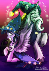 Size: 1024x1489 | Tagged: safe, artist:mad munchkin, star swirl the bearded, twilight sparkle, alicorn, pony, unicorn, g4, shadow play, beard, clothes, costume, facial hair, fangirl, female, hat, male, mare, stallion, twilight sparkle (alicorn), watermark, wizard, wizard hat
