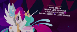 Size: 1920x804 | Tagged: safe, screencap, princess celestia, queen novo, alicorn, classical hippogriff, hippogriff, pony, g4, my little pony: the movie, credits, female, neck hug, old friend, pointy ponies
