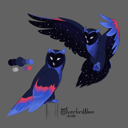 Size: 2400x2400 | Tagged: safe, artist:overlordneon, owlowiscious, bird, original species, owl, g4, awesome, badass, gray background, high res, immortal, immortality, immortality blues no more, immortality is awesome, implied transformation, male, nebula owl, redesign, simple background, solo, starry wings, stars, this isn't even my final form, wings
