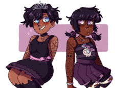Size: 2100x1451 | Tagged: safe, artist:mochietti, diamond tiara, silver spoon, human, g4, alternate hairstyle, alternate universe, blushing, bracelet, choker, clothes, dark skin, dress, duo, ear piercing, earring, eyebrow piercing, female, glasses, goth, hair dye, humanized, jewelry, lip piercing, necklace, nose piercing, older, pantyhose, piercing, pigtails, pleated skirt, ripped pantyhose, simple background, skirt, socks, spiked choker, stockings, striped pantyhose, striped socks, tank top, tattoo, thigh highs, torn clothes, transparent background