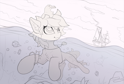 Size: 1810x1228 | Tagged: safe, artist:yakovlev-vad, oc, oc only, dolphin, fish, pony, seagull, whale, boat, bubble, cloud, female, flowing tail, jewelry, mare, necklace, ocean, partially submerged, rock, seashell, seaweed, ship, sketch, solo, swimming, tail, underwater, water