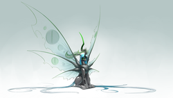 Size: 3840x2160 | Tagged: safe, artist:underpable, queen chrysalis, changeling, changeling queen, moth, mothling, original species, seraph, g4, antagonist, antennae, cheeselegs, chest fluff, female, glowing eyes, gradient background, high res, horn, large wings, long horn, multiple wings, simple background, sitting, six wings, solo, species swap, white background, wing fluff, wings