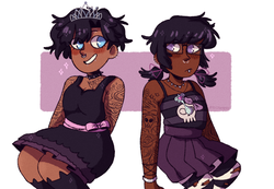 Size: 2100x1451 | Tagged: safe, alternate version, artist:mochietti, diamond tiara, silver spoon, human, g4, alternate hairstyle, alternate universe, blushing, bracelet, choker, clothes, dark skin, dress, duo, ear piercing, earring, eyebrow piercing, female, glasses, goth, hair dye, humanized, jewelry, lip piercing, necklace, nose piercing, older, pantyhose, piercing, pigtails, pleated skirt, ripped pantyhose, simple background, skirt, socks, spiked choker, stockings, striped pantyhose, striped socks, tank top, tattoo, thigh highs, torn clothes, white background