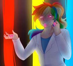 Size: 2049x1865 | Tagged: safe, artist:timesis, rainbow dash, human, fanfic:rainbow factory, g4, clothes, female, humanized, lab coat, looking at you, rainbow factory dash, solo