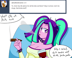 Size: 1000x800 | Tagged: safe, artist:jake heritagu, aria blaze, comic:aria's archives, equestria girls, g4, alcohol, breasts, cigar, cleavage, clothes, collar, couch, female, glass, looking at you, solo, spiked collar, wine, wine glass