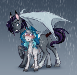 Size: 3393x3300 | Tagged: safe, artist:askbubblelee, oc, oc only, oc:bubble lee, oc:orpheus, bat pony, pony, unicorn, alternate universe, bat pony oc, blushing, covering, female, floppy ears, high res, looking away, male, mare, rain, raised hoof, scar, smiling, stallion, willowverse