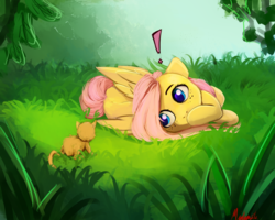 Size: 2500x2000 | Tagged: dead source, safe, artist:miokomata, fluttershy, cat, pegasus, pony, g4, covering mouth, cute, exclamation point, female, folded wings, freckles, grass, high res, hnnng, kitten, looking at something, lying down, mare, on side, shyabetes