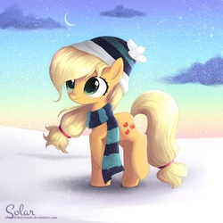 Size: 1500x1500 | Tagged: safe, artist:songbirdserenade, applejack, pony, g4, clothes, female, hat, raised hoof, scarf, snow, solo