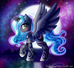 Size: 1309x1200 | Tagged: safe, artist:chaosangeldesu, princess luna, alicorn, pony, g4, :p, blushing, clothes, female, jewelry, looking at you, mare, moon, side view, silly, socks, solo, stars, stockings, thigh highs, tiara, tongue out