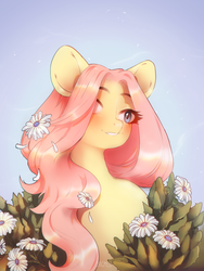 Size: 1628x2160 | Tagged: safe, artist:dagmell, fluttershy, pegasus, pony, g4, beautiful, blue background, blue eyes, bust, chromatic aberration, cute, female, flower, flower in hair, mare, pink hair, shyabetes, simple background, smiling, solo
