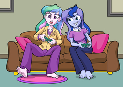 Size: 3507x2481 | Tagged: safe, artist:art-2u, princess celestia, princess luna, principal celestia, vice principal luna, gamer luna, two best sisters play, equestria girls, g4, adult, barefoot, blazer, breasts, bust, carpet, clothes, commission, controller, couch, duo, eyelashes, fake celestia, fake luna, feet, female, hair, high res, lipstick, makeup, male to female, possessed, rule 63, siblings, sisters, smiling, video game