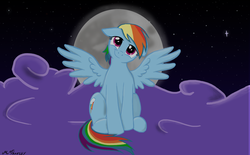 Size: 4016x2484 | Tagged: safe, artist:martin0803, rainbow dash, pegasus, pony, g4, cloud, cute, female, floppy ears, high res, looking at you, mare, moon, night, sitting, smiling, solo, spread wings, wings
